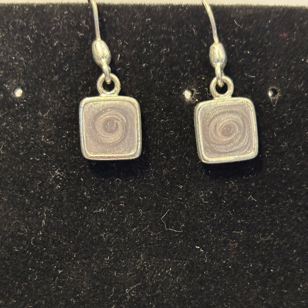 Swirling Square Earrings Light Purple Hues. Signed KC Jewelry Silvertone Post